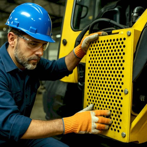 A man inspects a machine safety guard on a piece of equipment